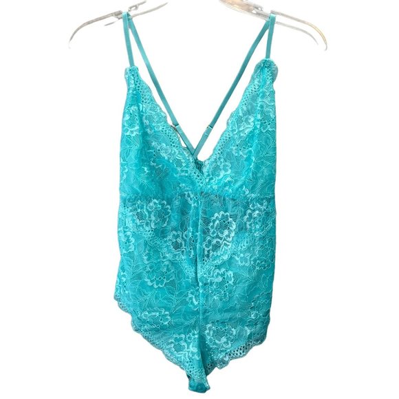 Aqua Blue Lace Bodysuit Teddy sz S Lingerie Cross Back Snaps Lined NWOT - Picture 1 of 4